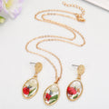 Gold Tone Oval Pressed Flower Necklace and Earring Sets view 5