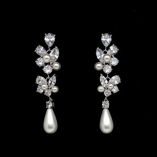 Second product view showing silver-tone marquise leaf and pearl-like long drop earrings