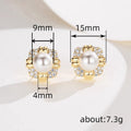 Gold-Tone Faux Pearl Stud Earrings Clear Stone Halo Frame view 4