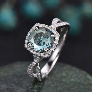 Silver Tone Teal Halo Twist Band Clear Crystal Ring