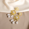Gold Ornate Medallion and Pearl Look Tassel Earrings view 2