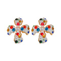 Multicolor Crystal Pearl Flower Clip Earrings and White Necklace view 5