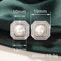 Silver Tone Hexagon Pearl Stud Earrings Clear CZ Halo view 4