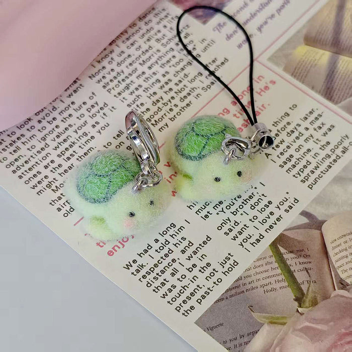 Flocked Green Turtle Phone Strap and Lobster-Clasp Charms