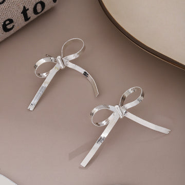 Silver Herringbone Ribbon Bow Stud Earrings Polished Metal