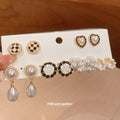 Gold Black White Enamel Rose Pearl Checker Heart Earring Set view 6