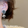 Blue Gray Rose Drop Earrings With Clear Crystal Petals view 4