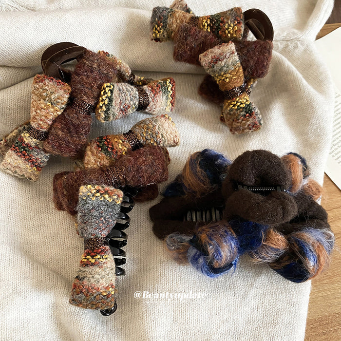 Coffee Brown Wool Tweed Bow Claw And Twist Hair Clips