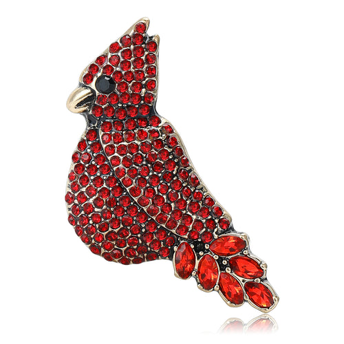 Red rhinestone cardinal bird brooch front view