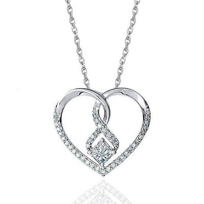 Front view of open heart and diamond shape crystal pendant necklace