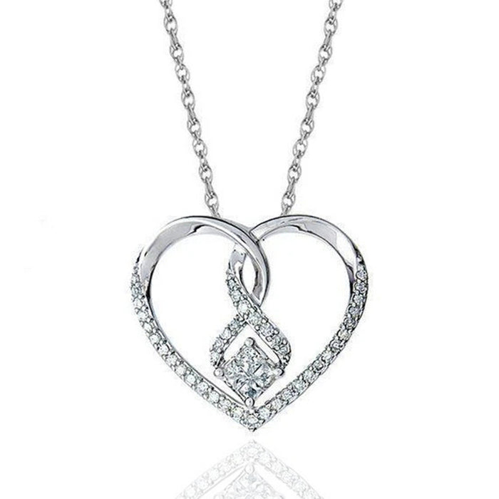 Open Heart and Diamond Shape Crystal Pendant Necklace