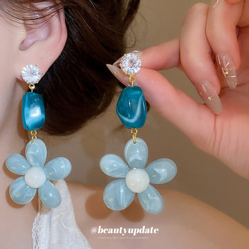 Blue Ombre Flower Drop Stud Earrings Fashion Jewelry