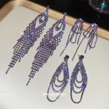 Purple Crystal Layered Tassel Drop Statement Earrings