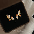 Gold Plum Blossom Branch Stud Earrings Pearl Orange Crystals view 6