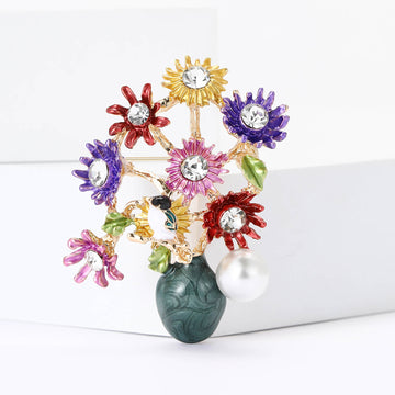 Multicolor Flower Garden Bird Brooch With Green and White Beads
