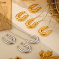 U-Shape Horseshoe Pendant Necklace And Hoop Earrings Gold Steel view 4