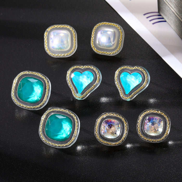 Gold Tone Chunky Faceted Heart and Square Stud Earrings