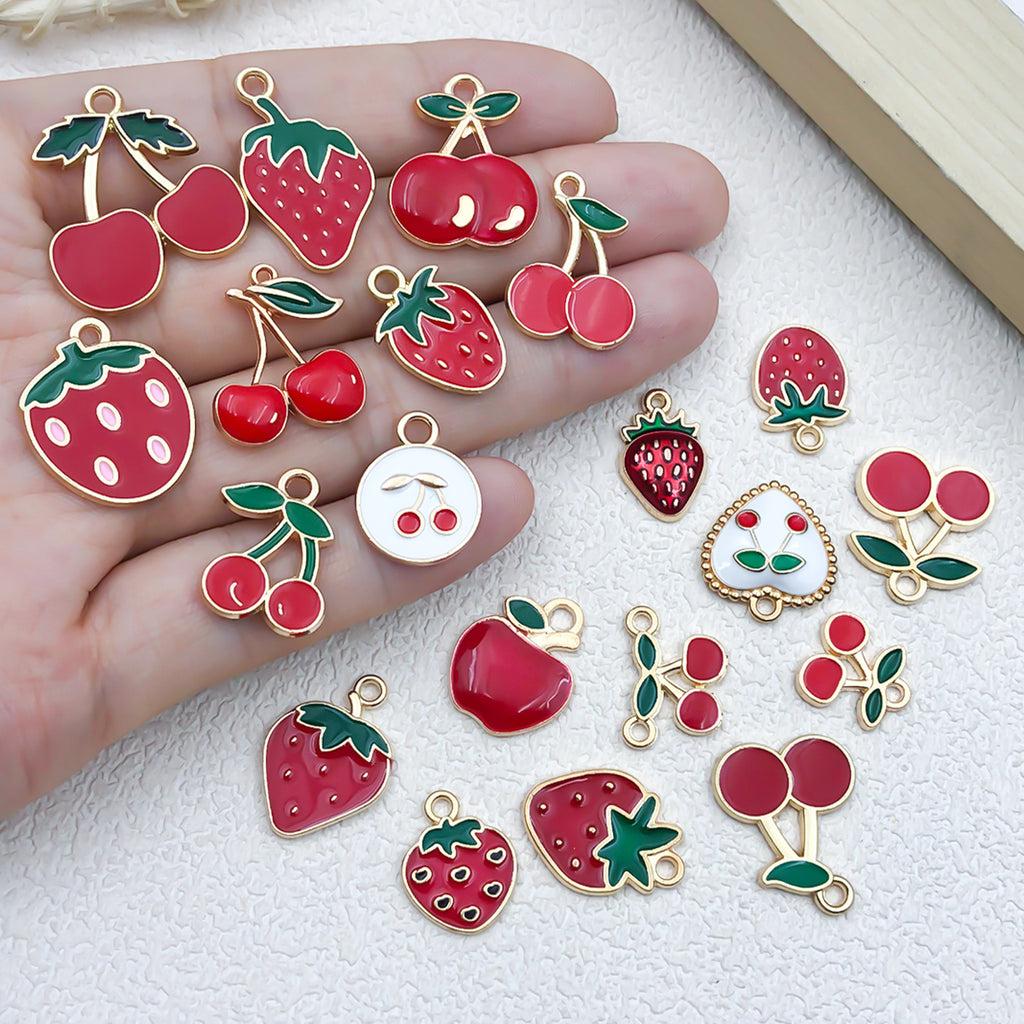 Enamel Zinc Alloy Cherry Strawberry Apple Fruit Charm Pendant for DIY Bracelet Earrings