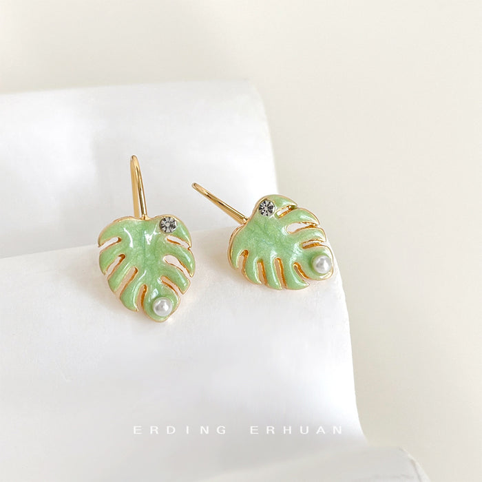 Light Green Enamel Monstera Leaf Stud Earrings Pearl