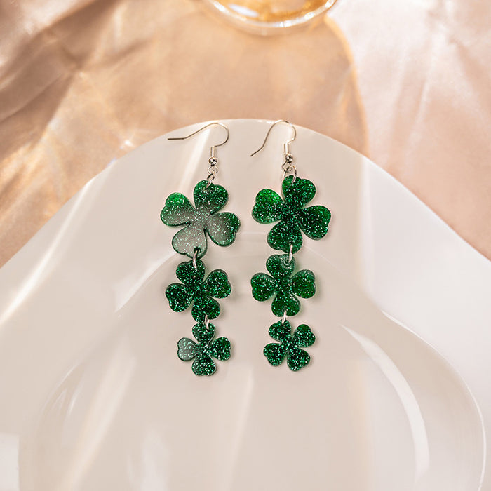 Green Glitter Shamrock Triple Cascade Long Hook Earrings