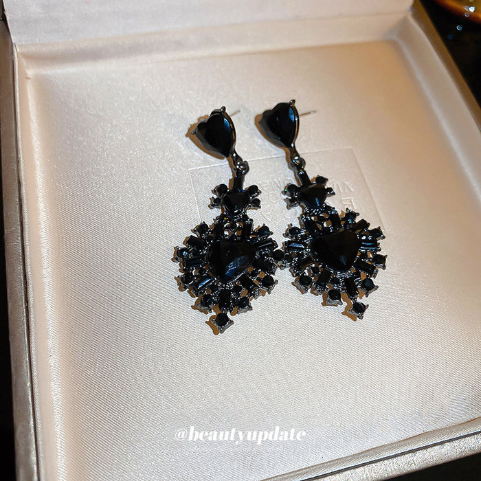 Black Crystal Floral Cluster Drop Earrings Fashion Jewelry