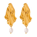 Gold Steel Wavy Leaf Drop Earrings With Pearl Dangles view 5