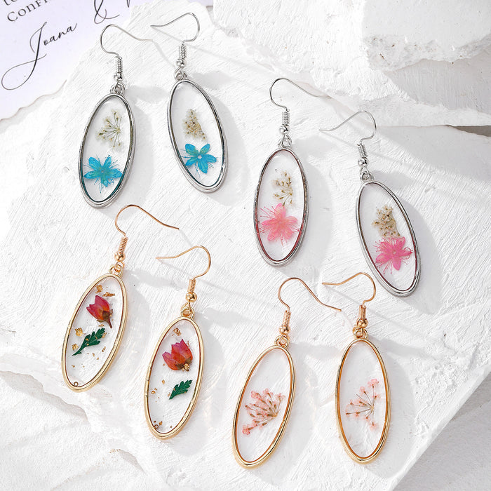 Long Oval Resin Dried Flower Drop Earrings 4 Colorways