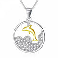 Silver and Gold Tone Dolphin Round Frame Stone Pendant Necklace view 1