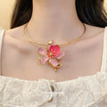 Gold Tone Collar Necklace With Pink Flower Pendant view 1