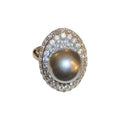 Silver Tone Gray Pearl Like Oval Ring With Clear Crystal Halo view 5