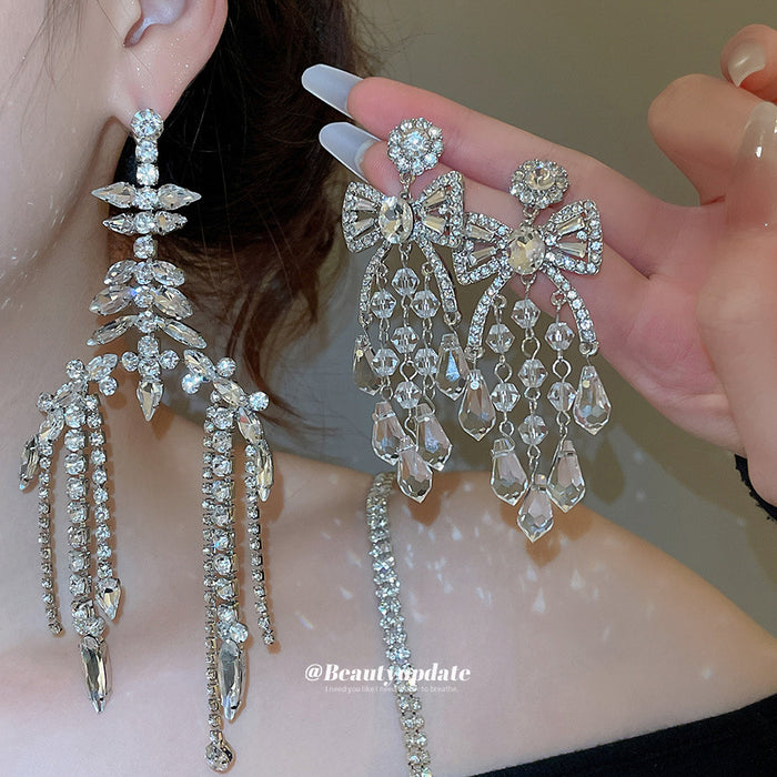 Silver Tone Crystal Bow and Fringe Stud Earrings Jewelry