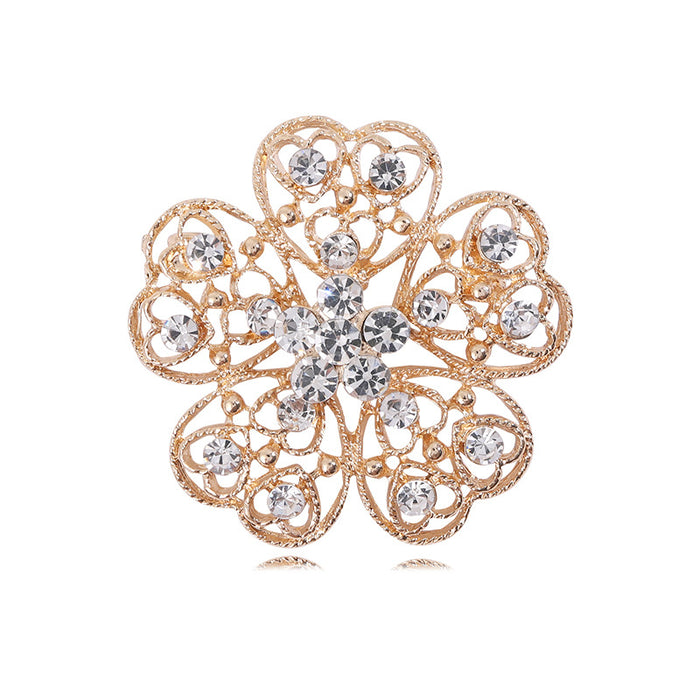 Filigree Crystal Flower Brooch in Silver and Rose Gold