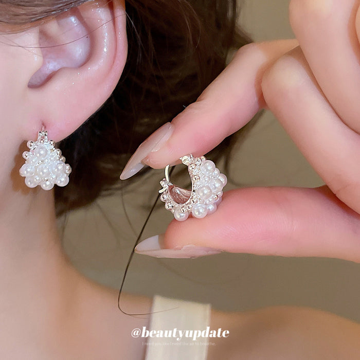 White Pearl Cluster Huggie Hoop Earrings Statement Jewelry