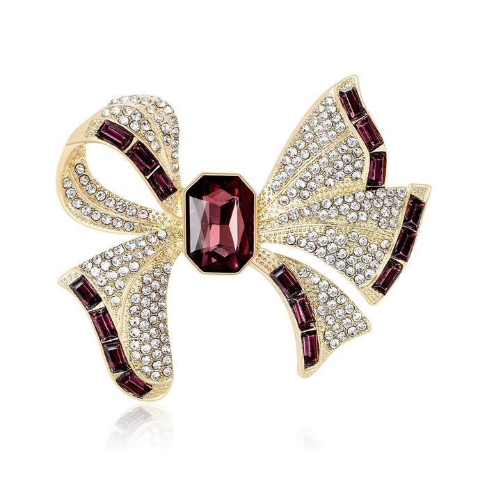 Striped Crystal Bow Brooch in Purple and Blue for Jackets and Scarves
