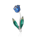 Enamel Rose Bud Brooch Blue Red Silver Green Leaves view 1