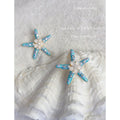 Blue Enamel Starfish Stud Earrings Flower Pearl Rhinestone view 4