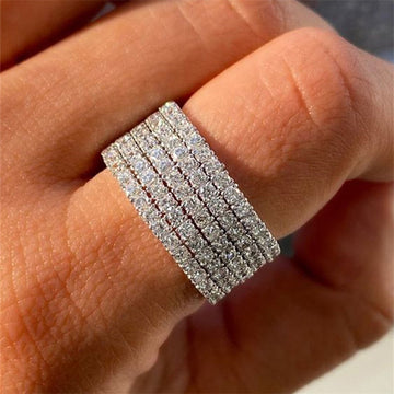 Wide Six-Row Clear Stone Band Ring In Polished Silver Tone