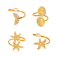 Ocean Zircon Open Rings Starfish Shell Fishtail Gold Steel view 5