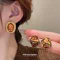 Brown Marbled Resin Oval Statement Stud Earrings Decorative Jewelry view 2
