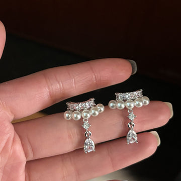 Silver Tone Pearl Look Ear Clips with Crystal Teardrop Dangles