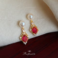 Gold Pearl Stud Earrings Red Crystal Ornate Frame Drops view 3
