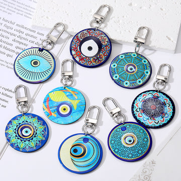 Silver Tone Round Printed Evil Eye Clip Keychains in Eight Designs