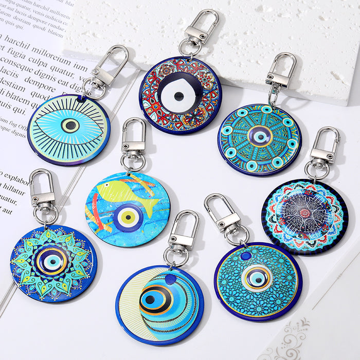 Silver Tone Round Printed Evil Eye Clip Keychains in Eight Designs