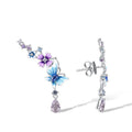 Blue Purple Enamel Butterfly Flower Drop Earrings White Metal view 3