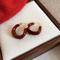 Deep Red Resin and Gold Tone Rounded Huggie Hoop Earrings view 3