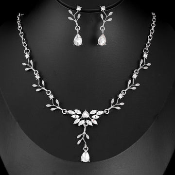Black Silver Tone Floral Branch Teardrop Metal Necklace and Earring Set