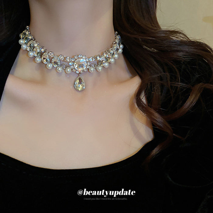 Silver Pearl Crystal Statement Choker Round Teardrop Pendant