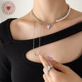 Silver Layered Pearl Heart Pendant Necklace Snake Tassel view 3