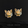 Gold Tone Blue Green Egyptian Cat Pharaoh Stud Earrings view 4