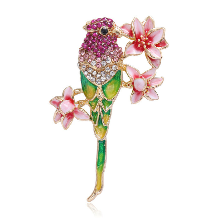 Enamel Parrot Flower Branch Brooch Blue Green Two Styles